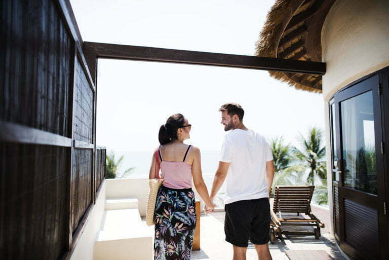 a man and woman looking at each other