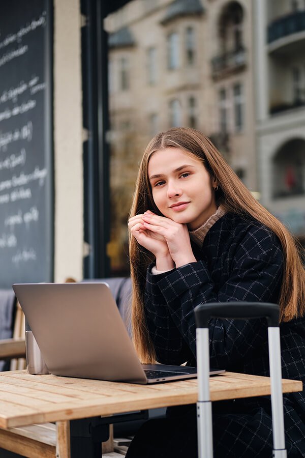 a woman sitting at a table