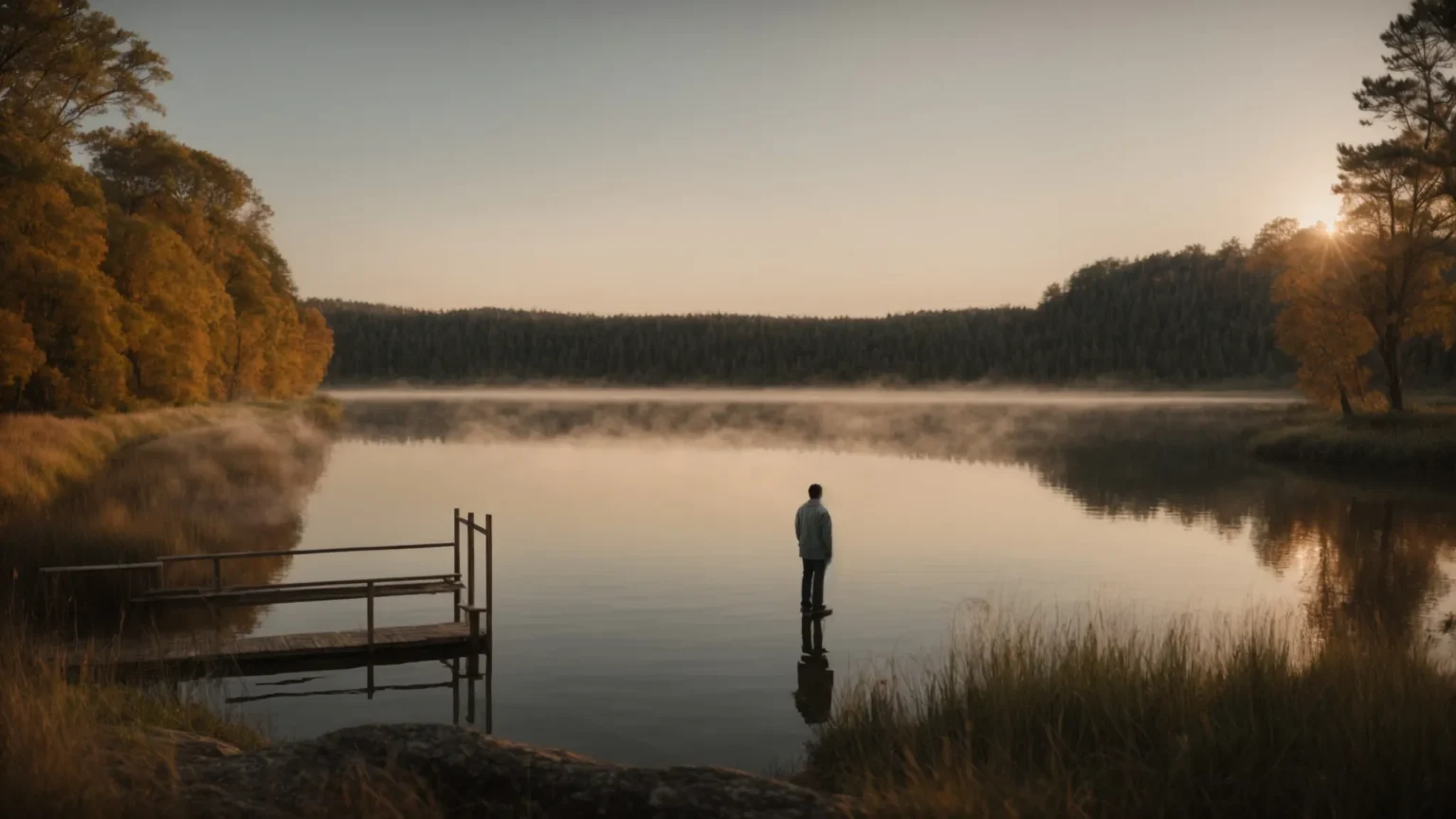 a man stands at the edge of a serene lake at sunrise, symbolizing the beginning of a journey towards recovery.